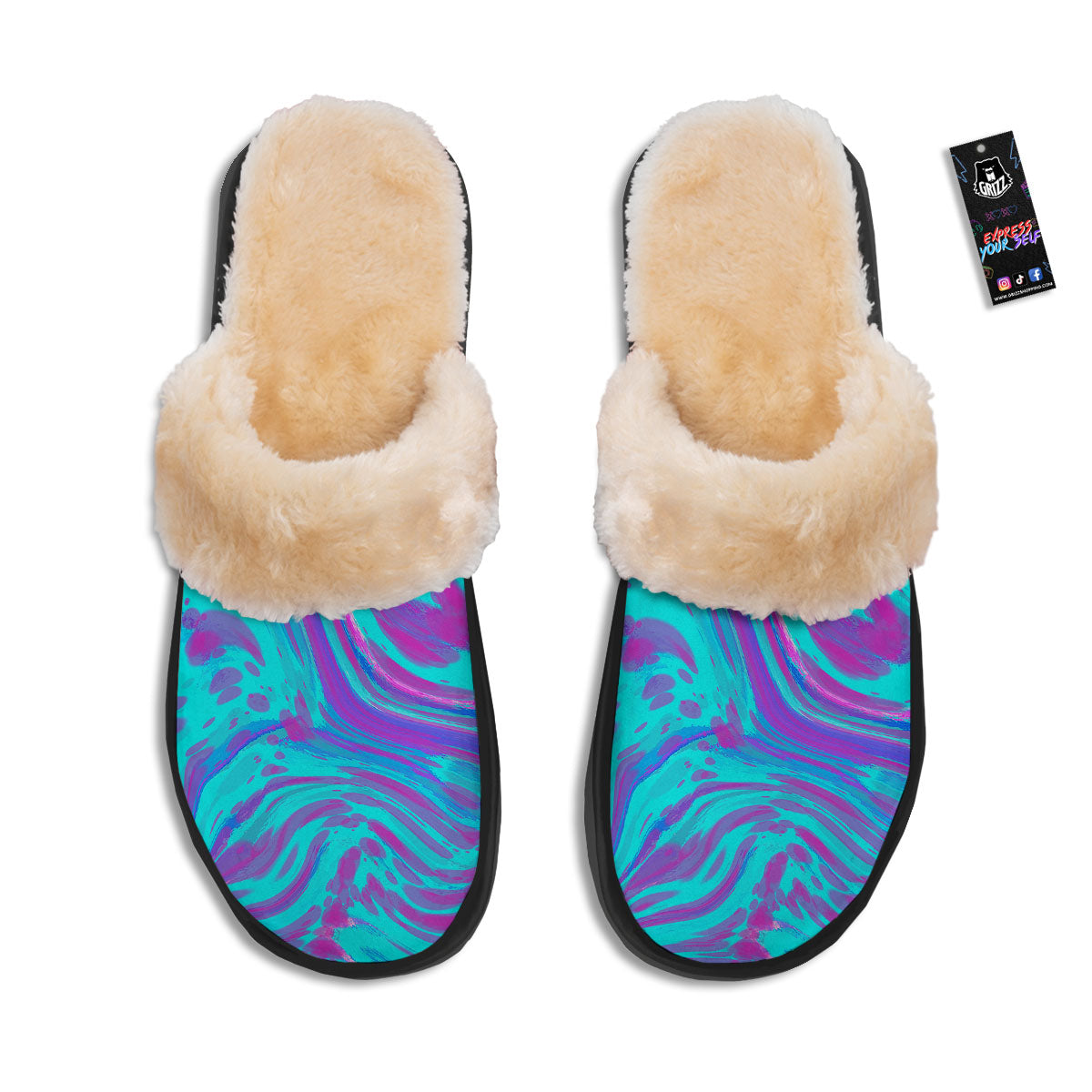 Trippy Turquoise Holographic Print Slippers-grizzshop