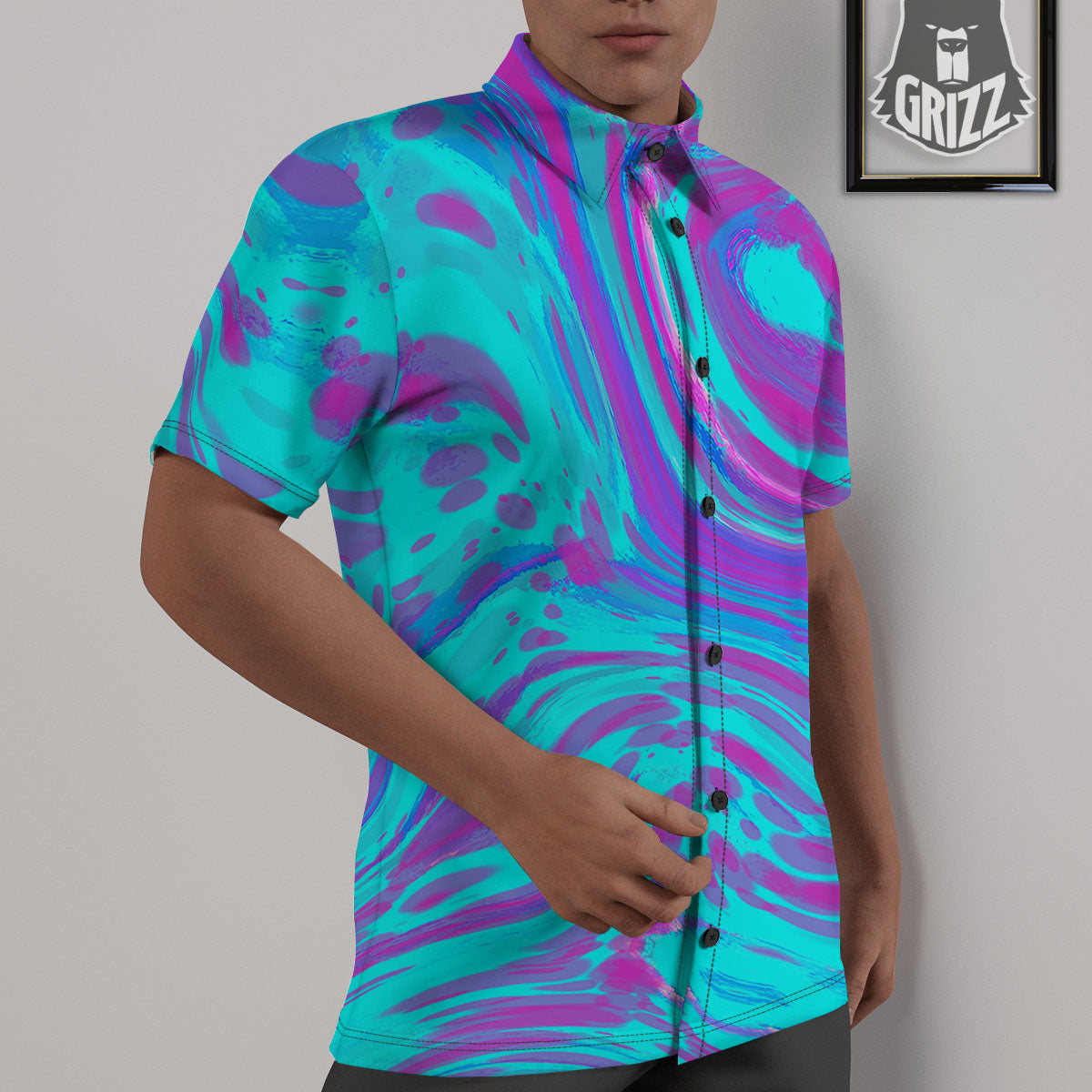 Trippy Turquoise Holographic Print Untucked Shirts-grizzshop