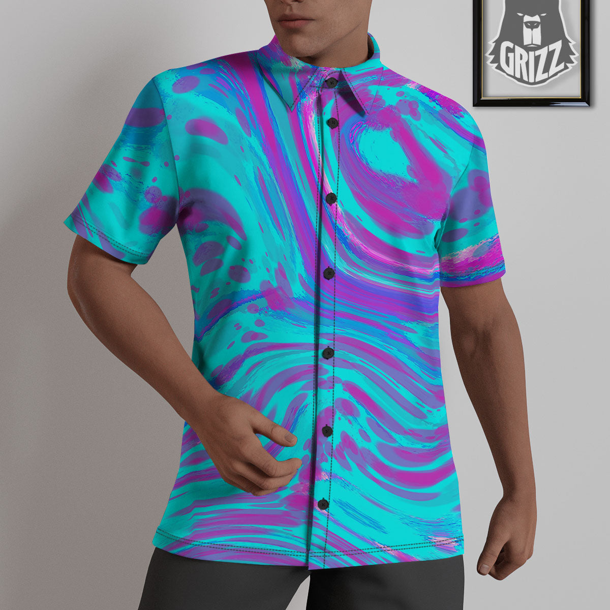 Trippy Turquoise Holographic Print Untucked Shirts-grizzshop
