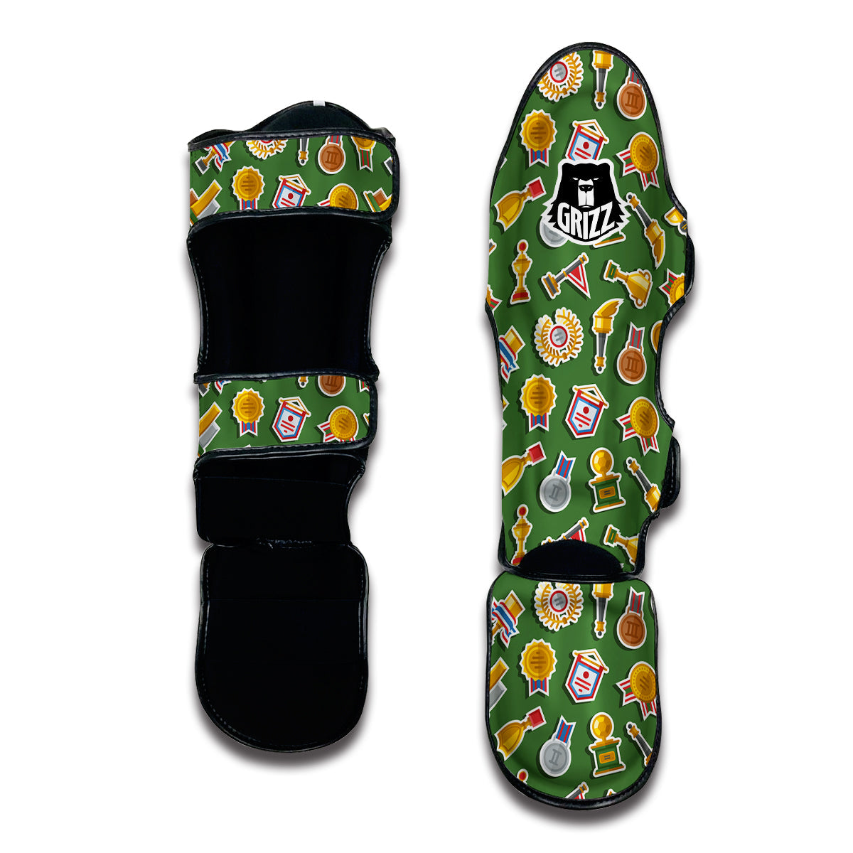 Trophy Green Print Pattern Muay Thai Shin Guards-grizzshop