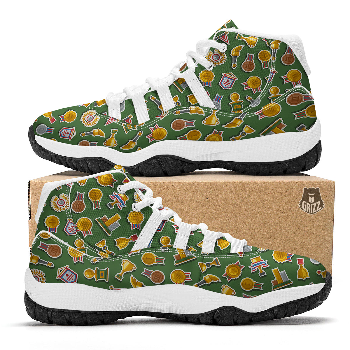 Trophy Green Print Pattern White Bball Shoes-grizzshop