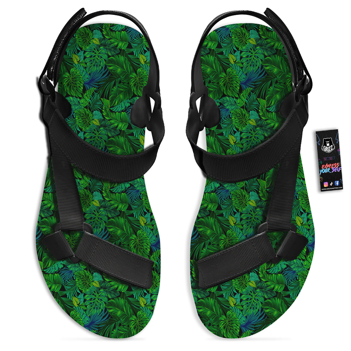 Tropical Aloha Hawaii Print Pattern Black Open Toe Sandals-grizzshop