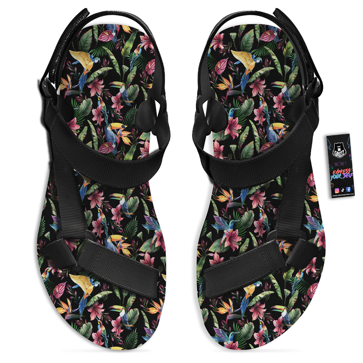 Tropical Aloha Hawaiian Print Pattern Black Open Toe Sandals-grizzshop