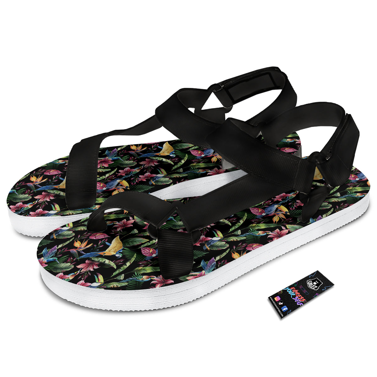 Tropical Aloha Hawaiian Print Pattern Black Open Toe Sandals-grizzshop
