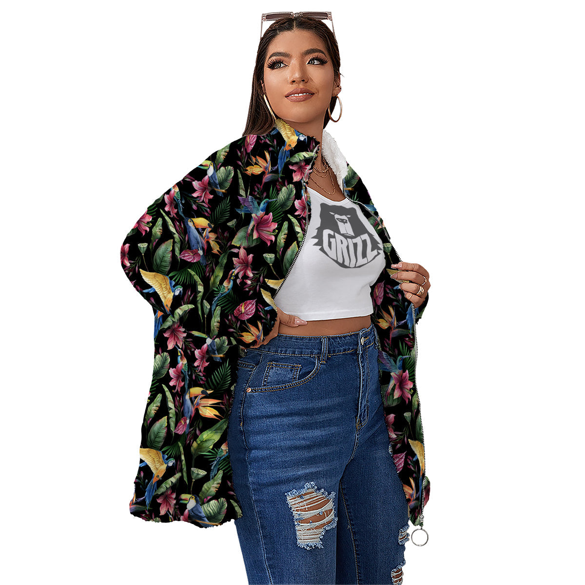 Tropical Aloha Hawaiian Print Pattern Women's Sherpa Jacket-grizzshop