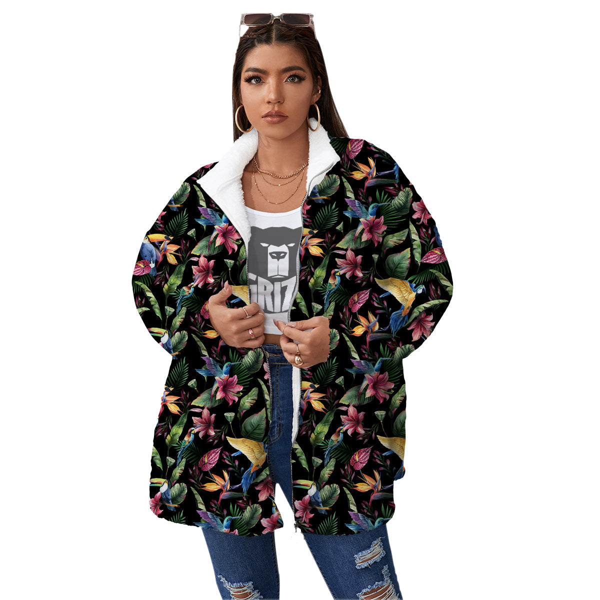 Tropical Aloha Hawaiian Print Pattern Women's Sherpa Jacket-grizzshop