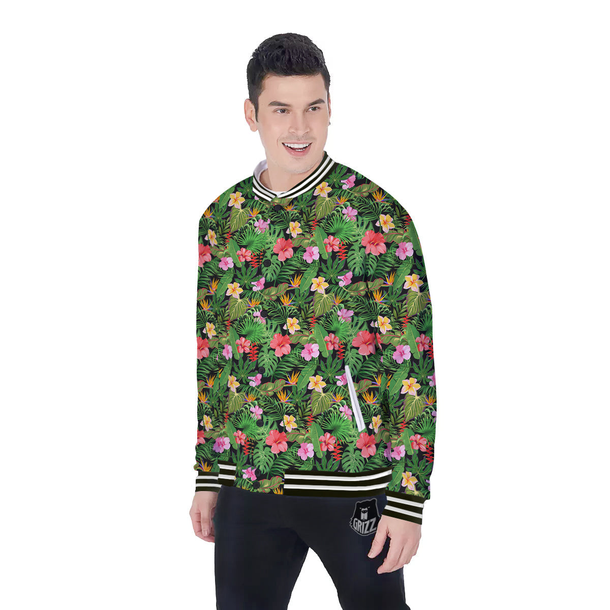 Tropical Aloha Hibiscus Print Pattern Baseball Jacket-grizzshop