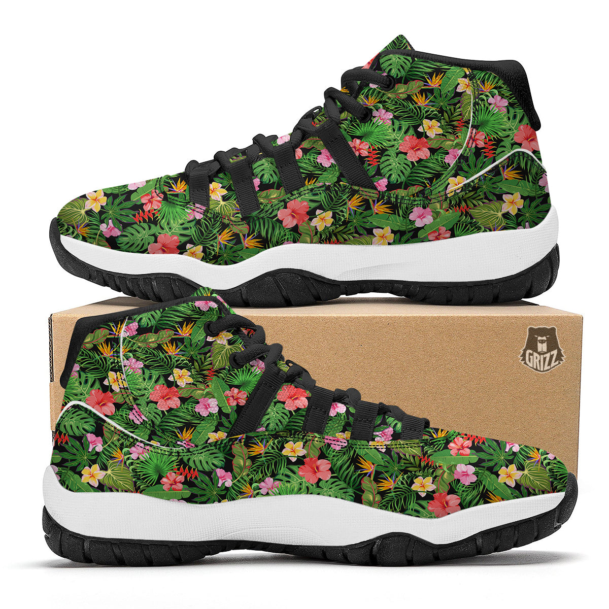 Tropical Aloha Hibiscus Print Pattern Black Bball Shoes-grizzshop