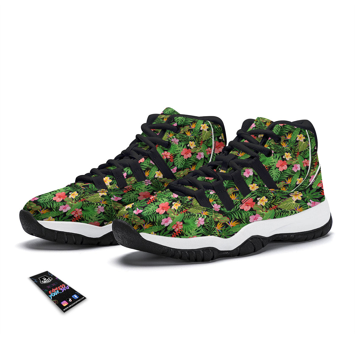 Tropical Aloha Hibiscus Print Pattern Black Bball Shoes-grizzshop