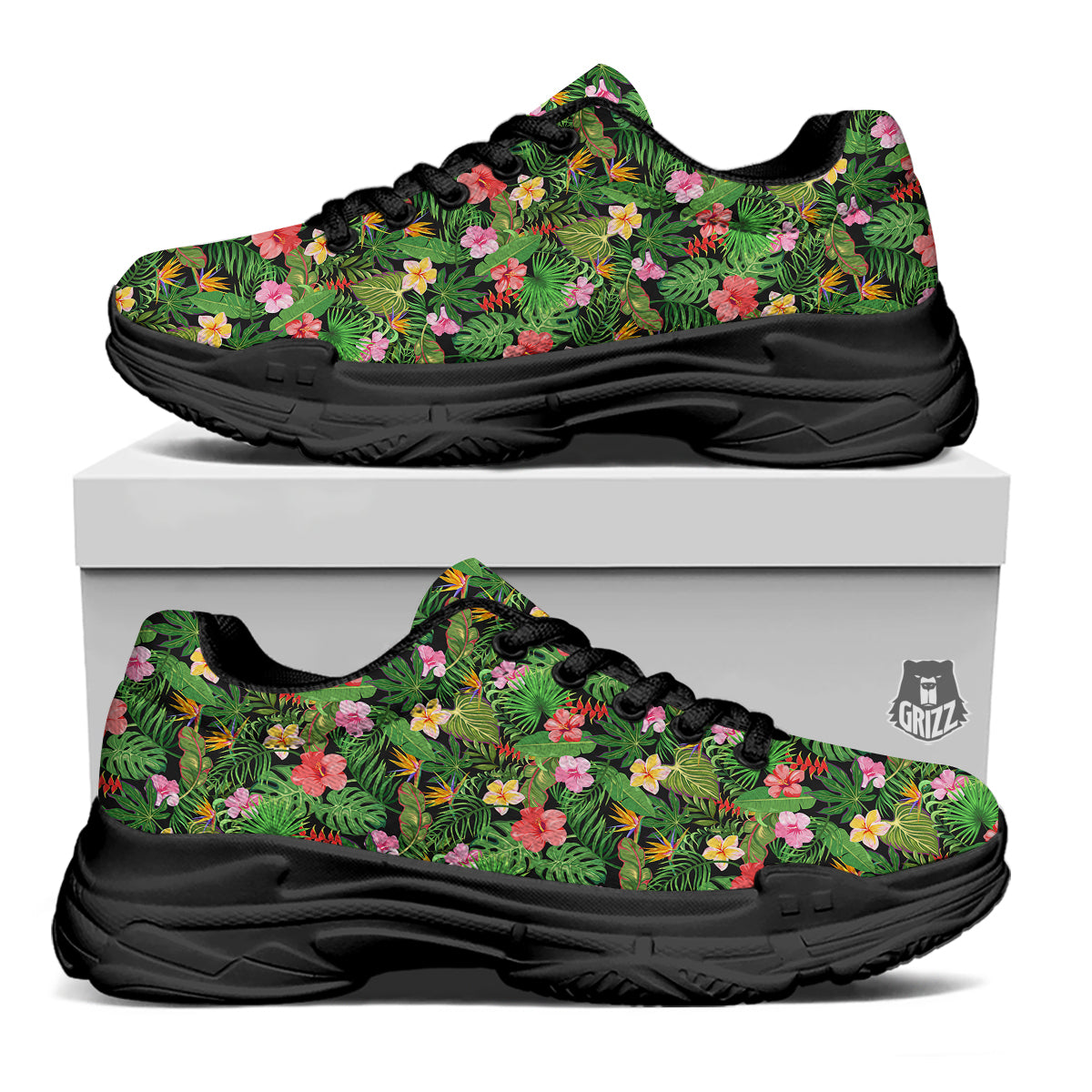 Tropical Aloha Hibiscus Print Pattern Black Chunky Shoes-grizzshop