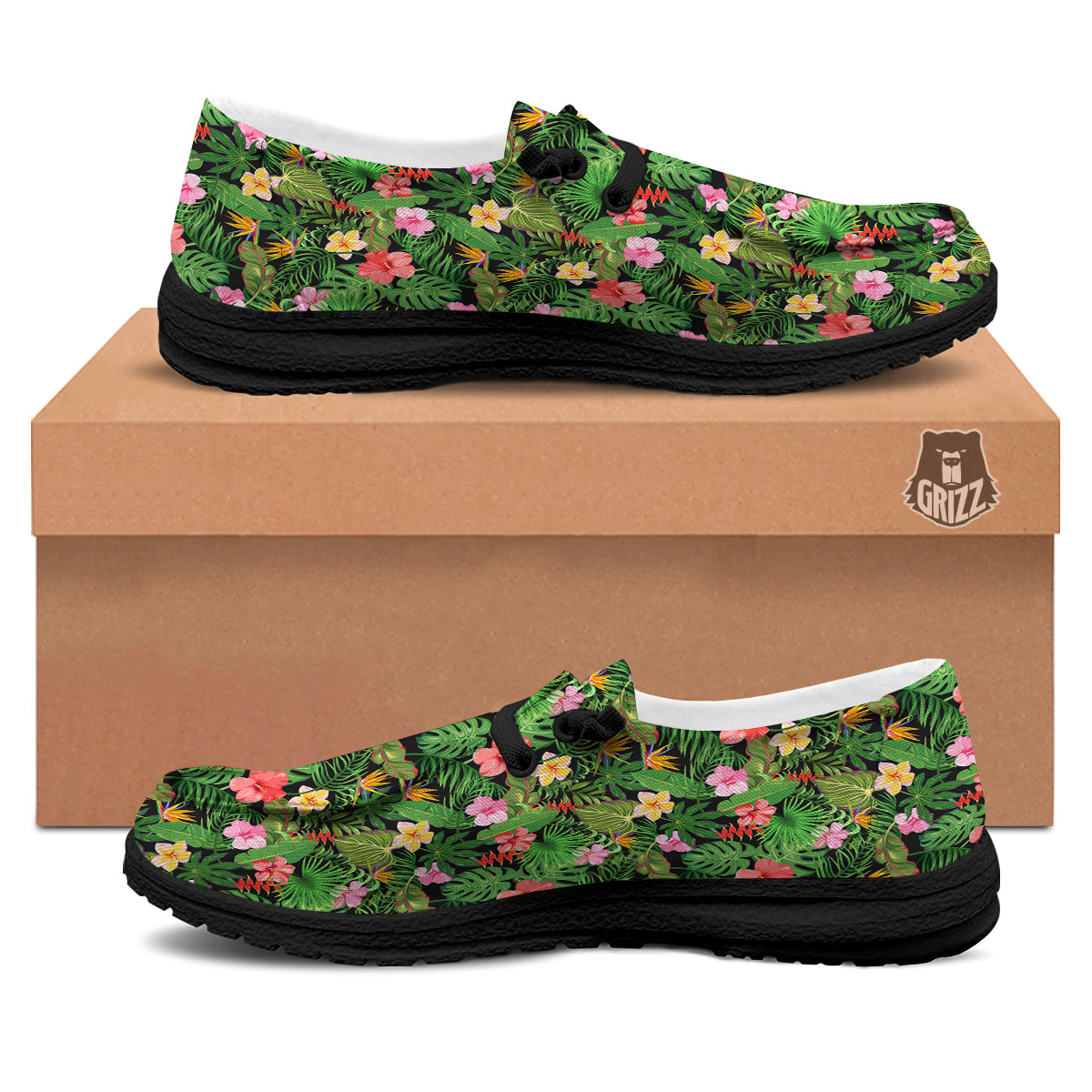 Tropical Aloha Hibiscus Print Pattern Black Loafers-grizzshop