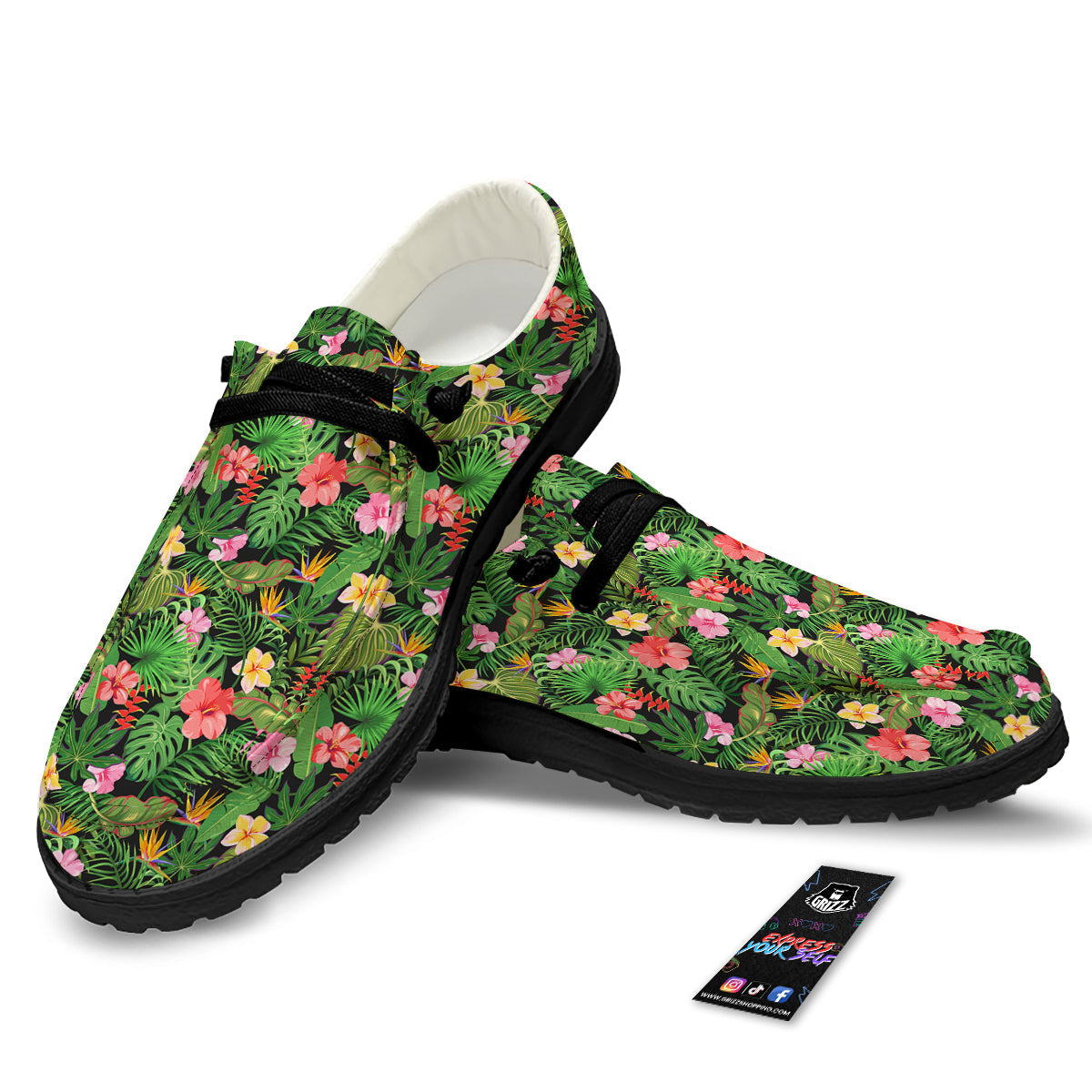 Tropical Aloha Hibiscus Print Pattern Black Loafers-grizzshop