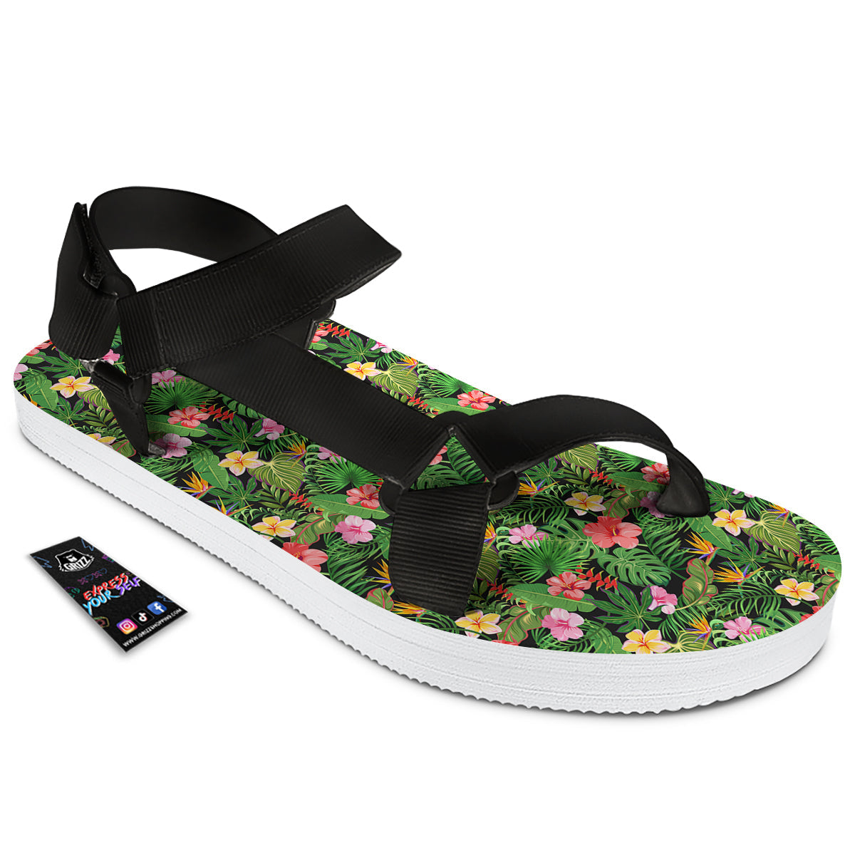 Tropical Aloha Hibiscus Print Pattern Black Open Toe Sandals-grizzshop