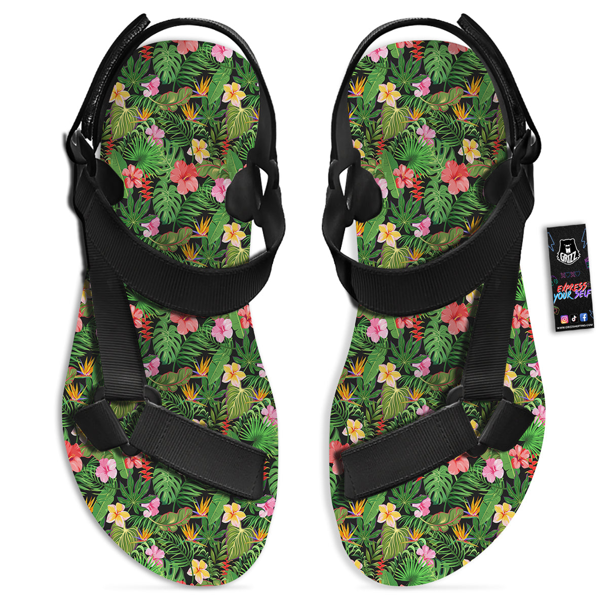 Tropical Aloha Hibiscus Print Pattern Black Open Toe Sandals-grizzshop