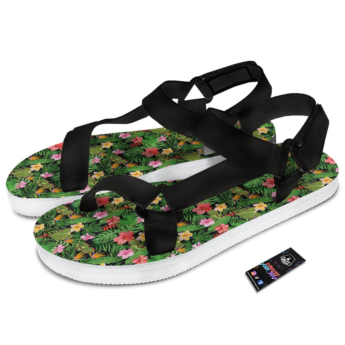 Tropical Aloha Hibiscus Print Pattern Black Open Toe Sandals-grizzshop