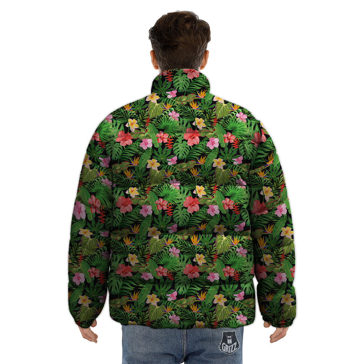 Tropical Aloha Hibiscus Print Pattern Puffer Jacket-grizzshop
