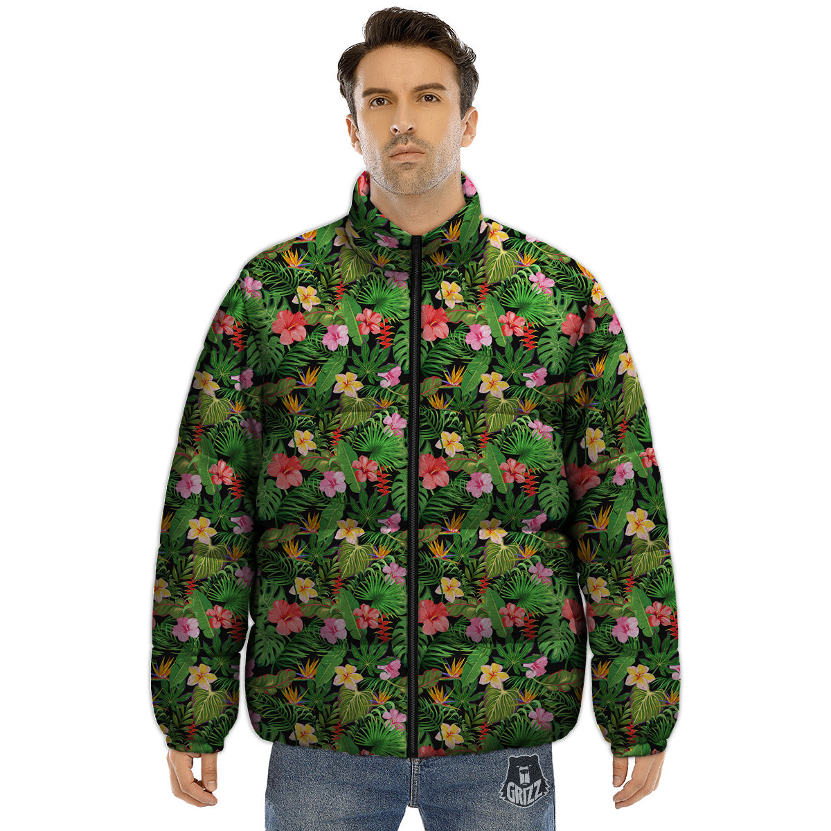 Tropical Aloha Hibiscus Print Pattern Puffer Jacket-grizzshop