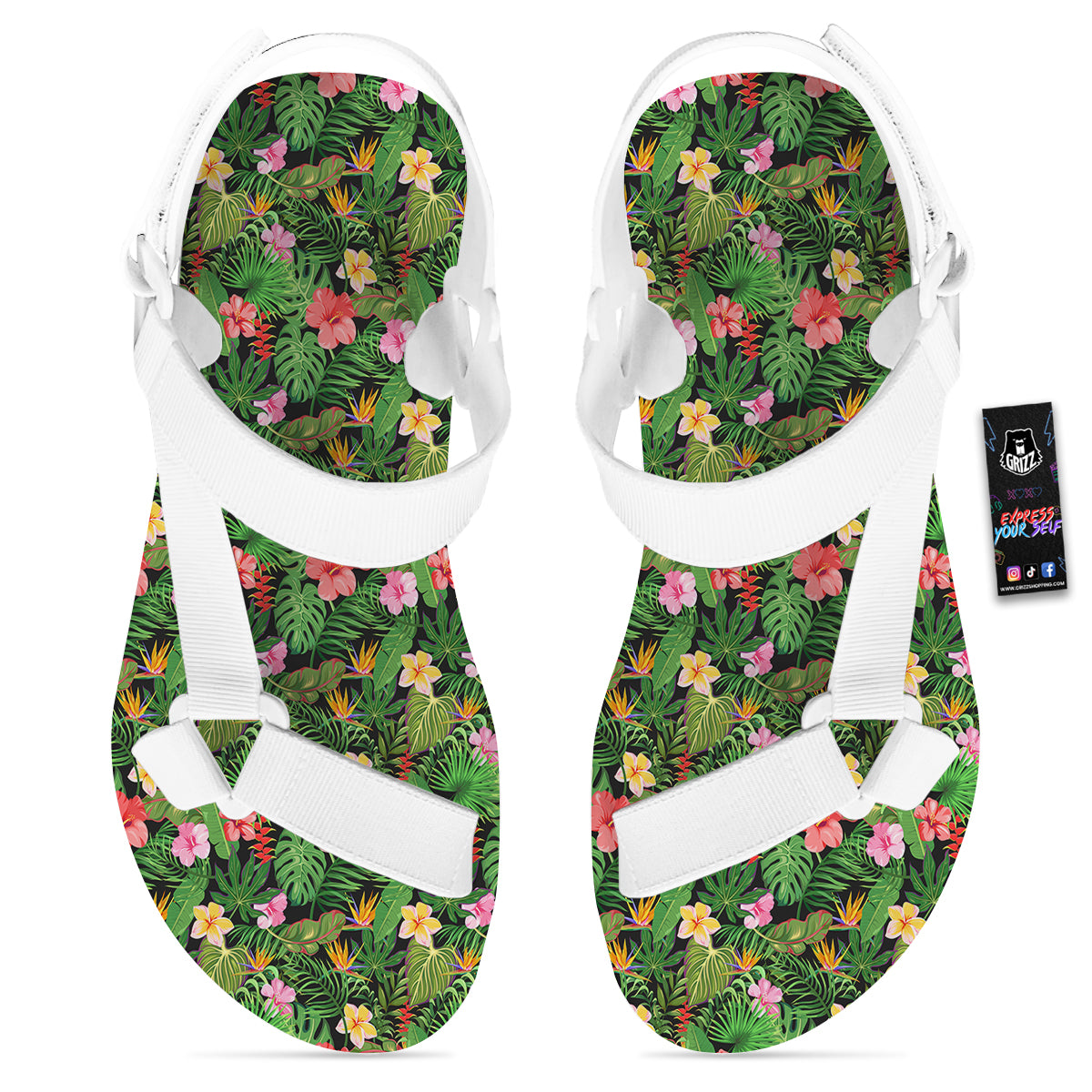 Tropical Aloha Hibiscus Print Pattern White Open Toe Sandals-grizzshop
