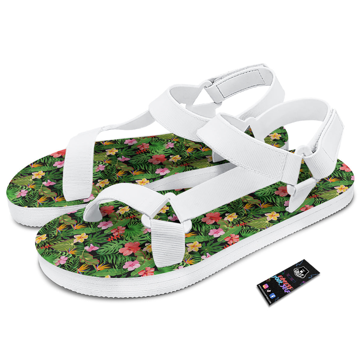 Tropical Aloha Hibiscus Print Pattern White Open Toe Sandals-grizzshop