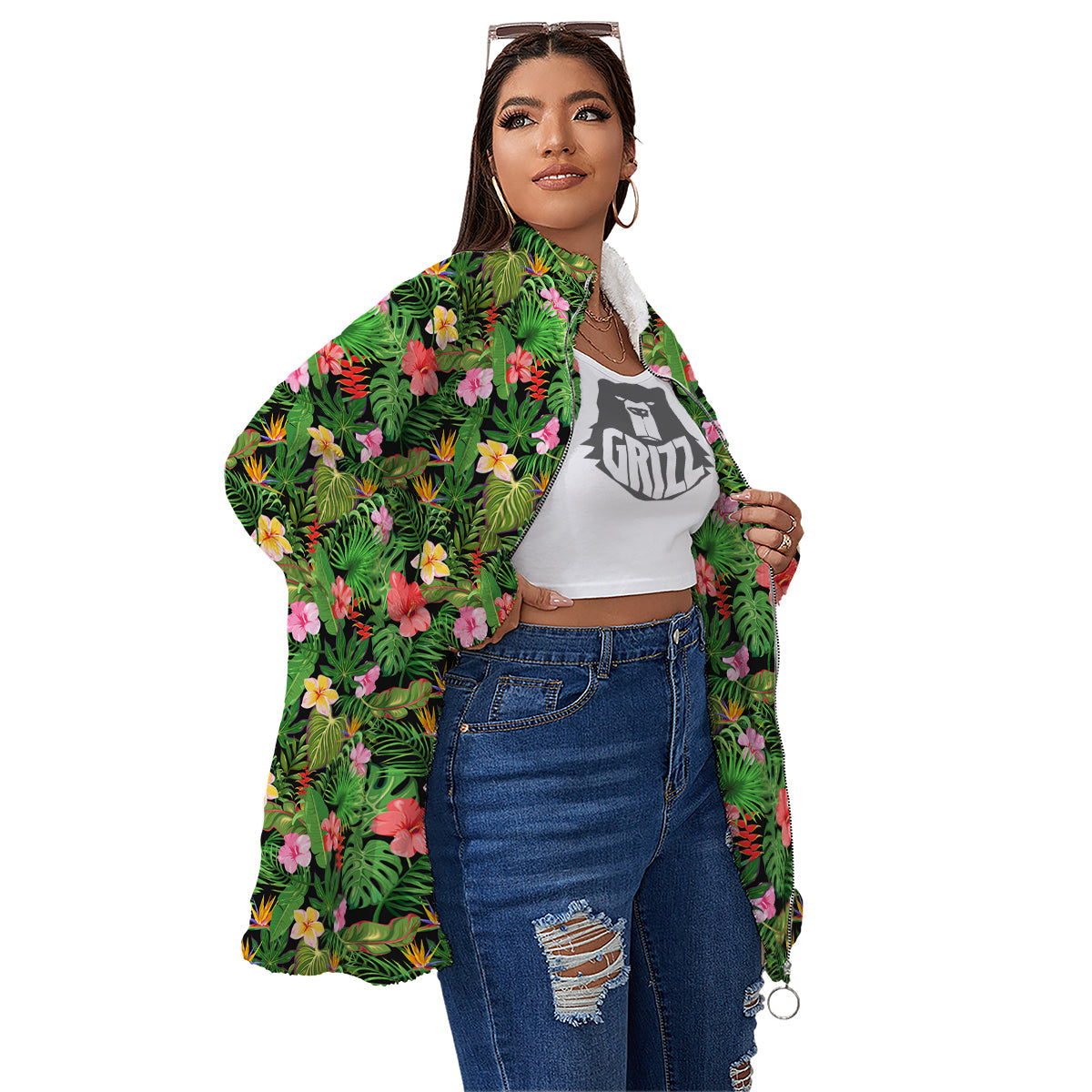Tropical Aloha Hibiscus Print Pattern Women's Sherpa Jacket-grizzshop