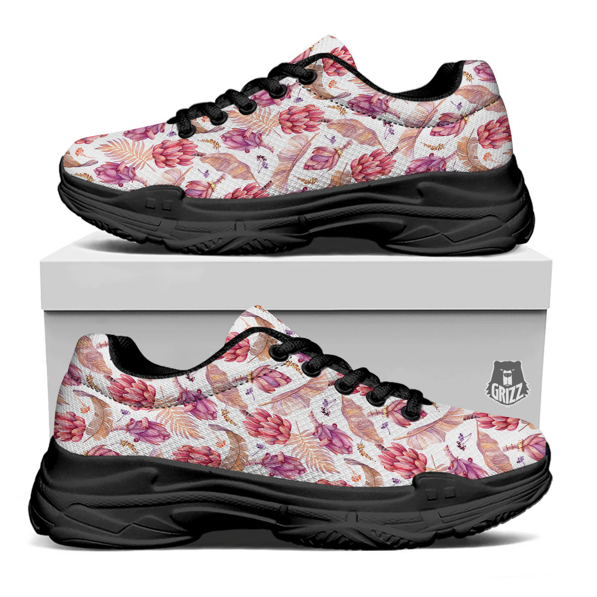 Tropical Banana Pink Print Pattern Black Chunky Shoes-grizzshop