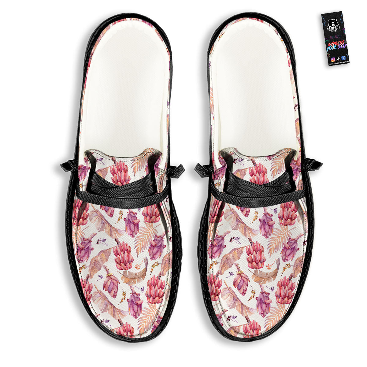 Tropical Banana Pink Print Pattern Black Loafers-grizzshop