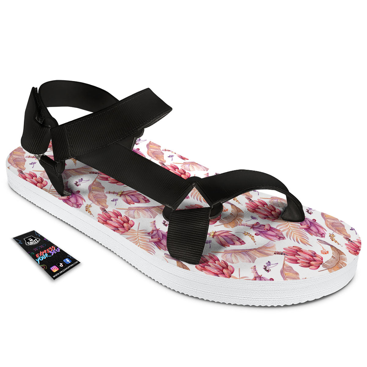 Tropical Banana Pink Print Pattern Black Open Toe Sandals-grizzshop