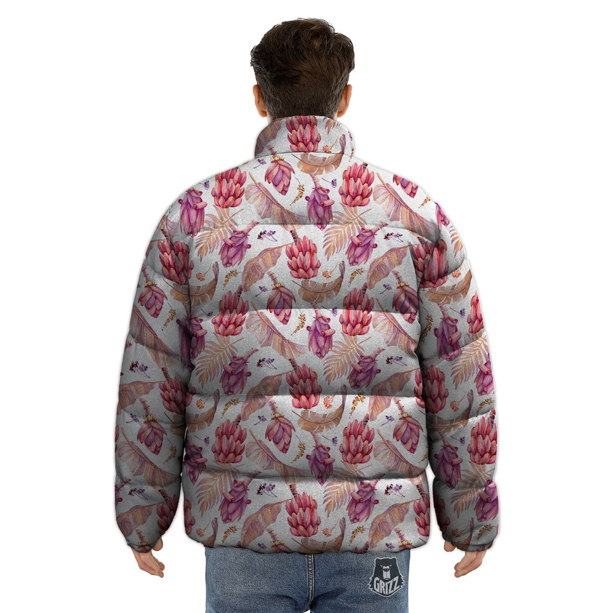 Tropical Banana Pink Print Pattern Puffer Jacket-grizzshop