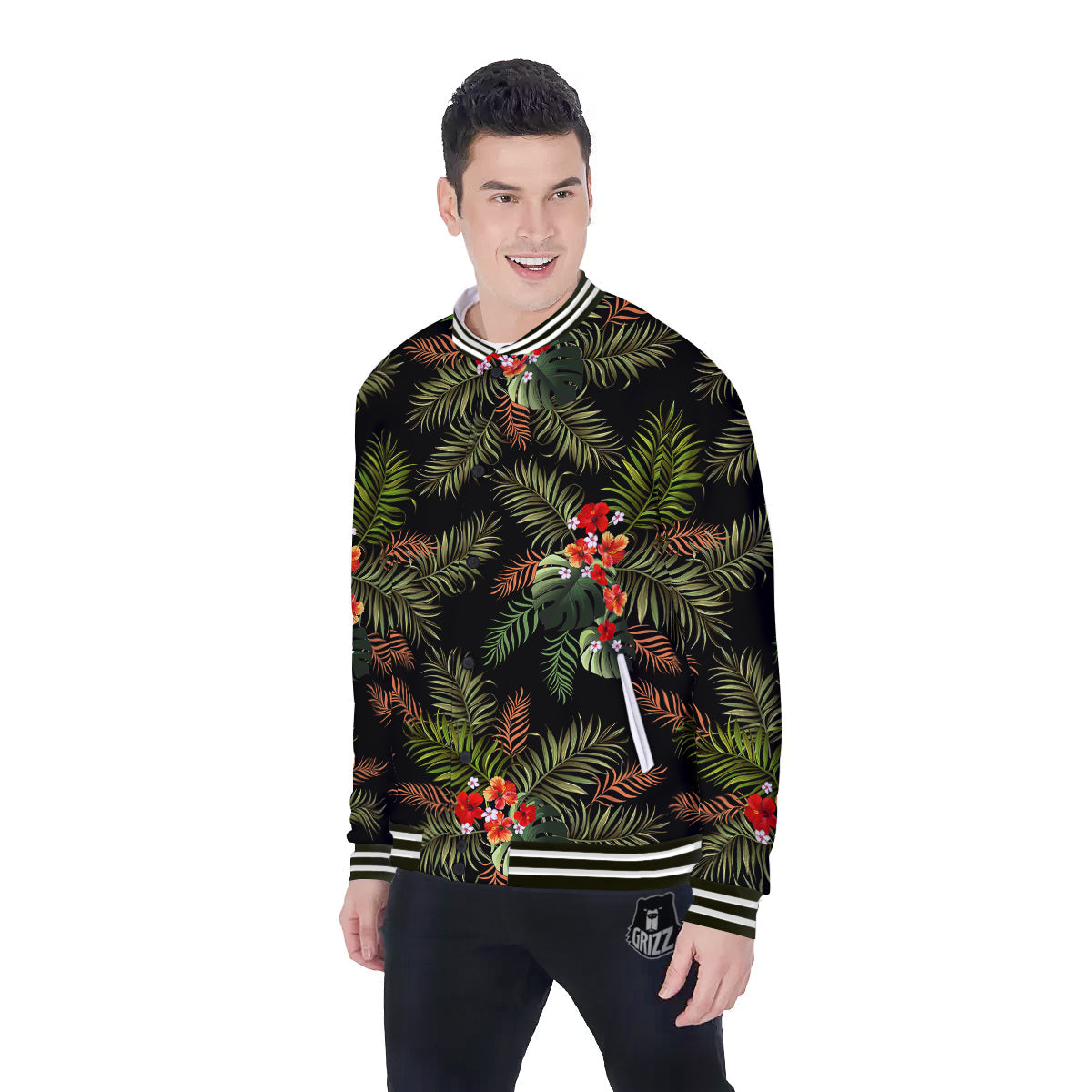 Tropical Black Hawaii Print Pattern Baseball Jacket-grizzshop