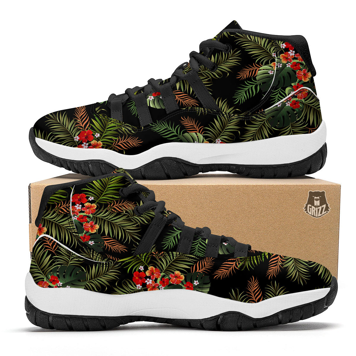 Tropical Black Hawaii Print Pattern Black Bball Shoes-grizzshop