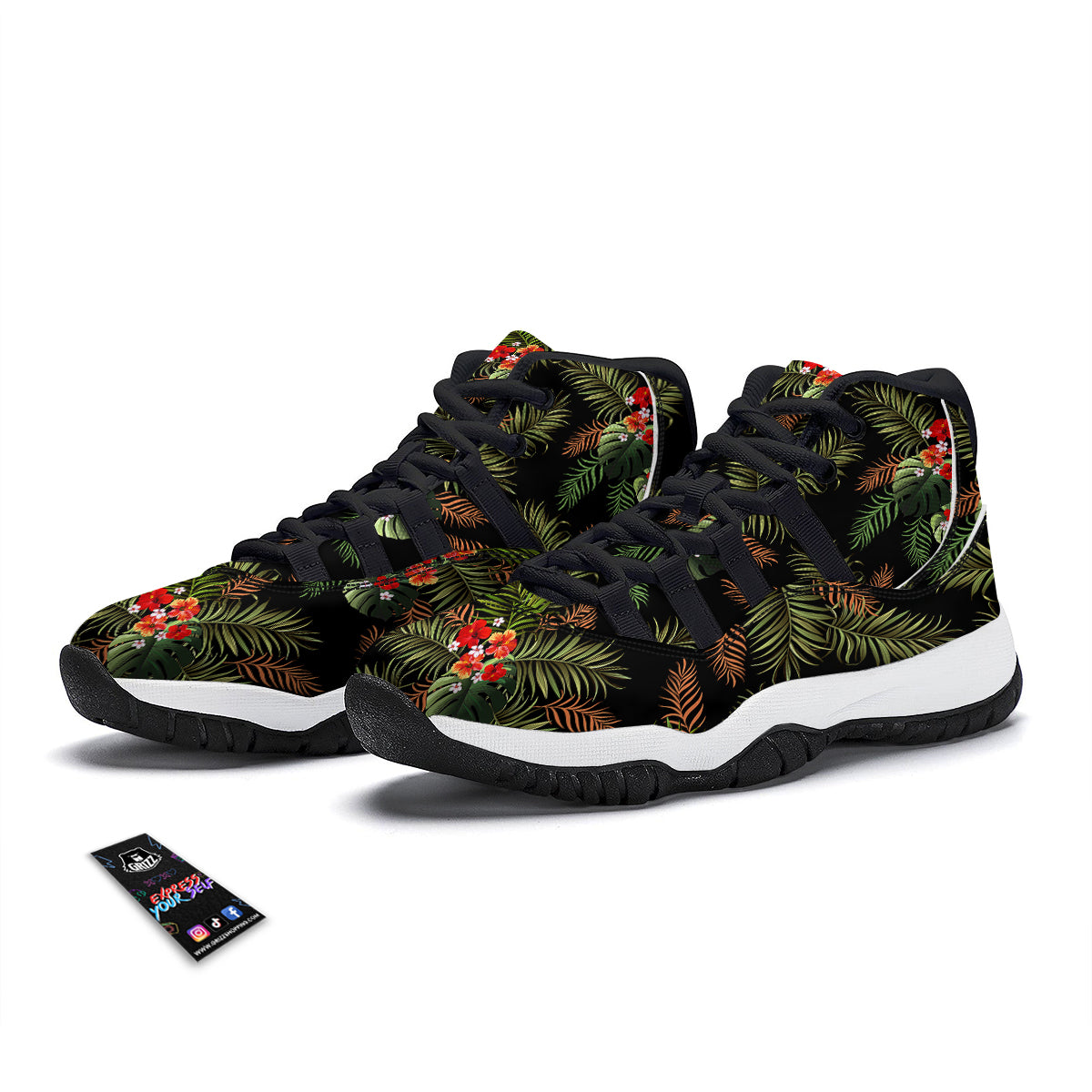 Tropical Black Hawaii Print Pattern Black Bball Shoes-grizzshop