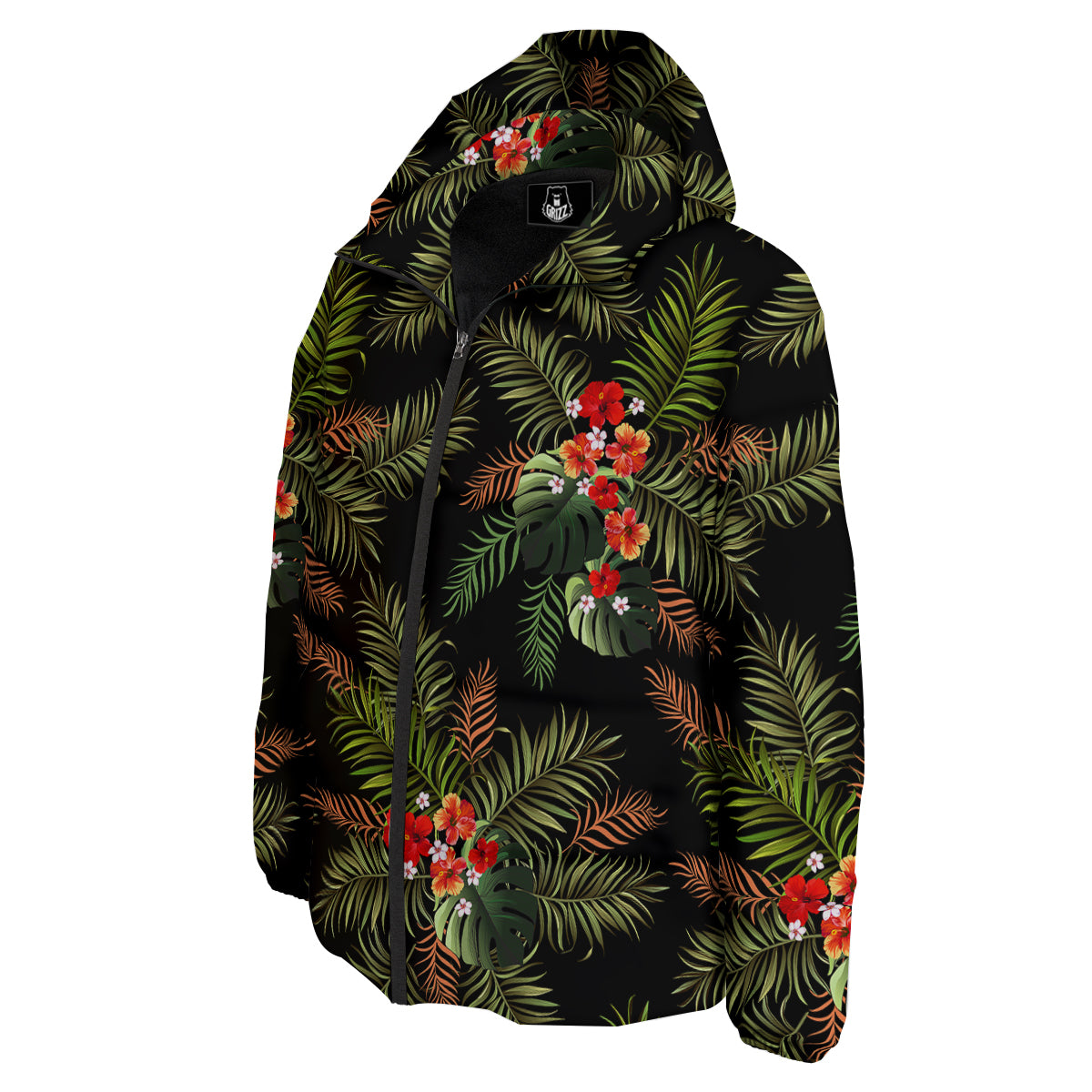 Tropical Black Hawaii Print Pattern Down Jacket-grizzshop
