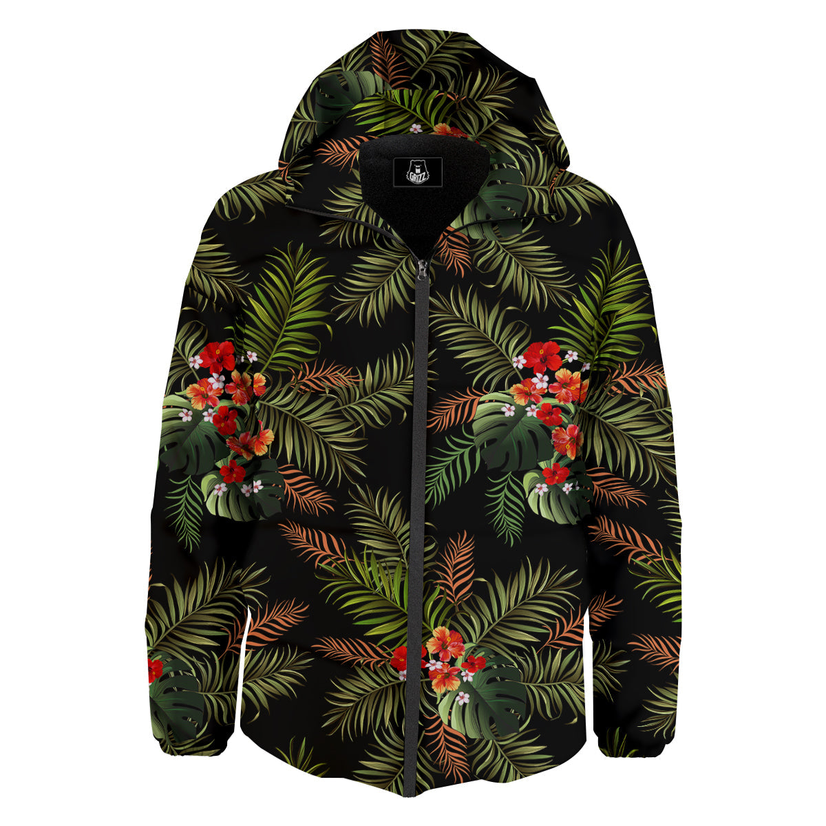Tropical Black Hawaii Print Pattern Down Jacket-grizzshop