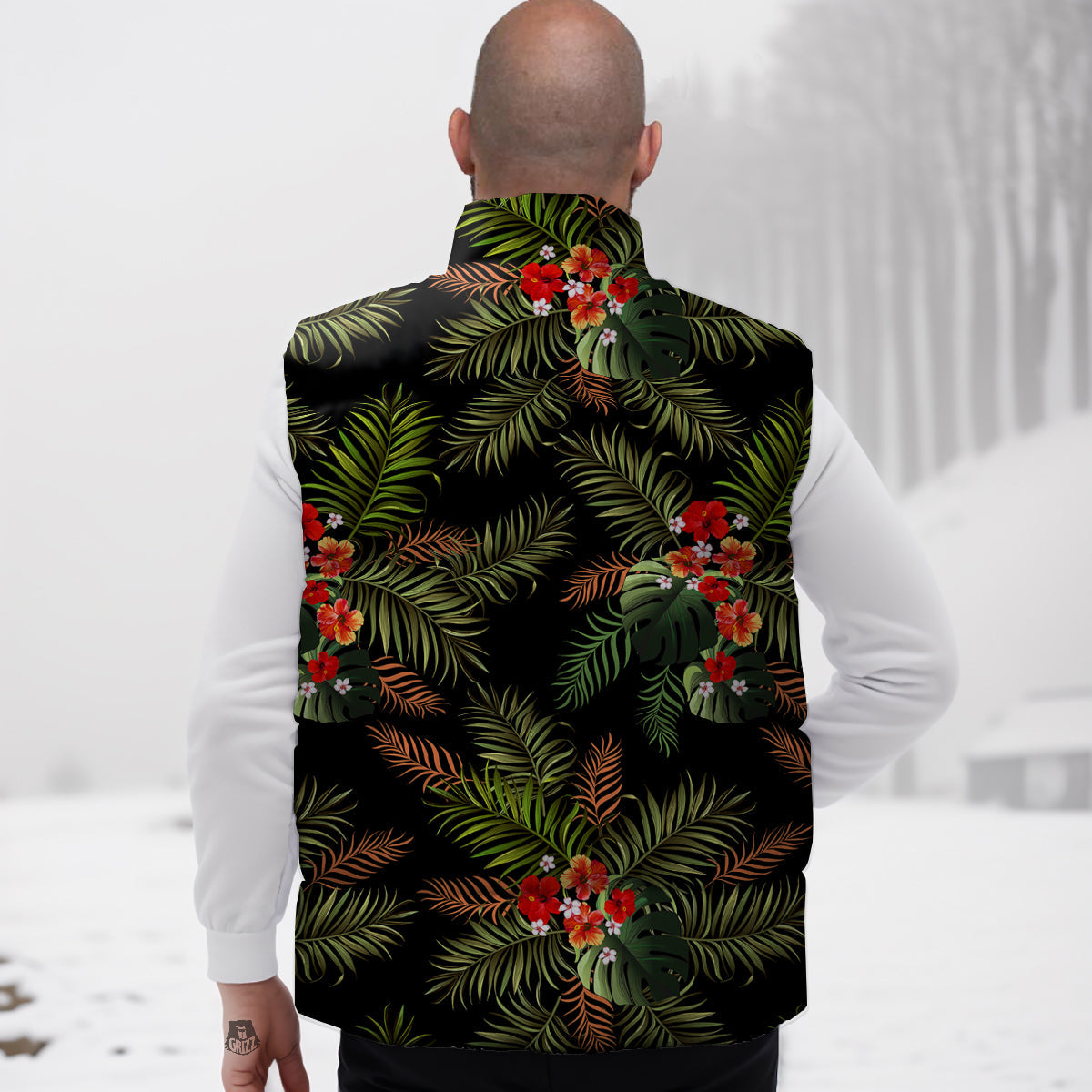 Tropical Black Hawaii Print Pattern Down Vest-grizzshop