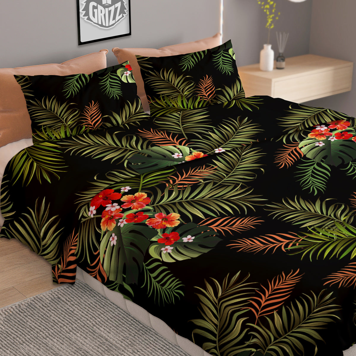 Tropical Black Hawaii Print Pattern Duvet Cover Bedding Set