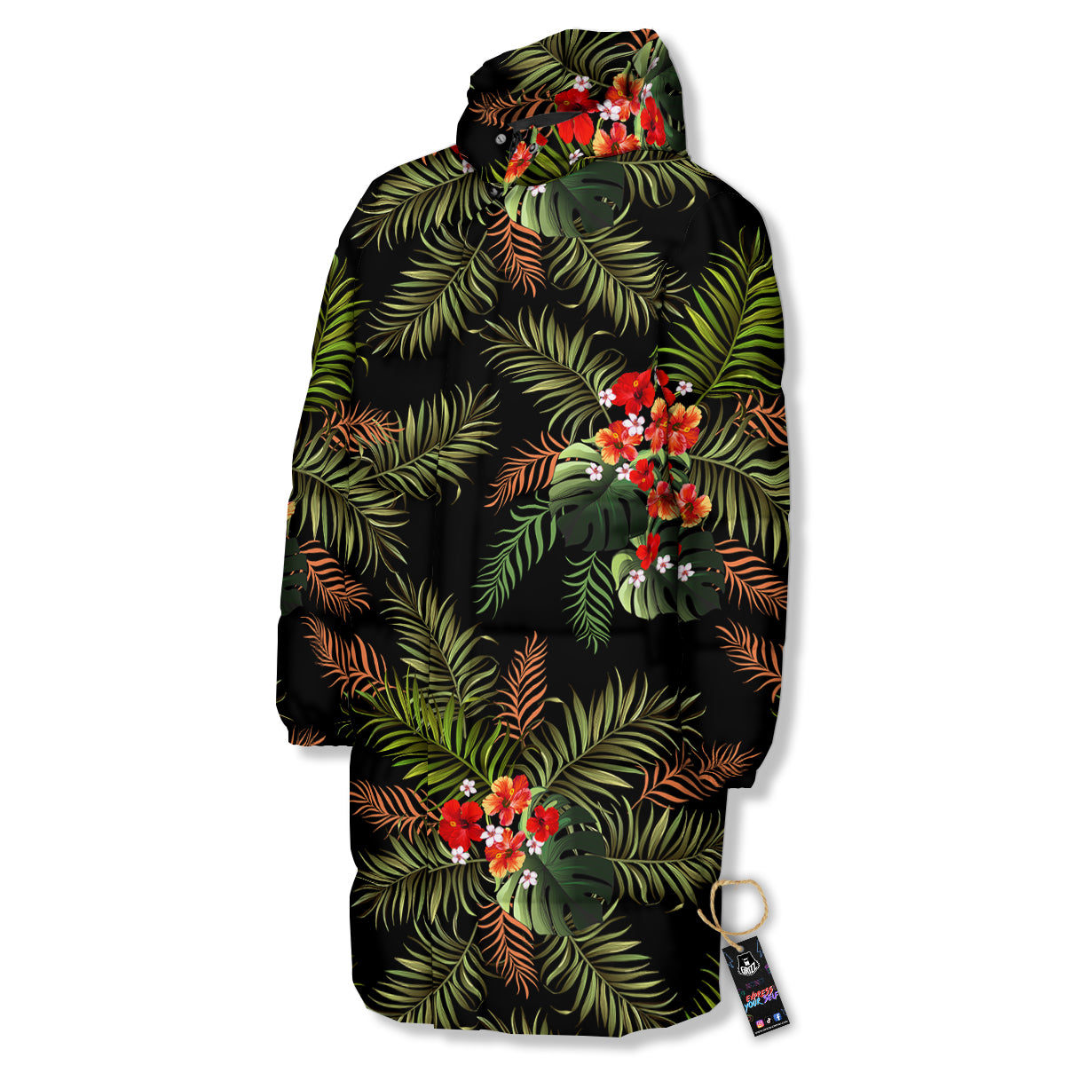 Tropical Black Hawaii Print Pattern Long Down Jacket-grizzshop