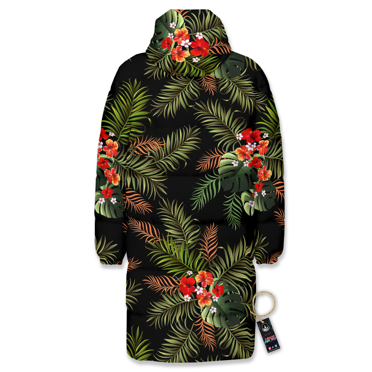 Tropical Black Hawaii Print Pattern Long Down Jacket-grizzshop