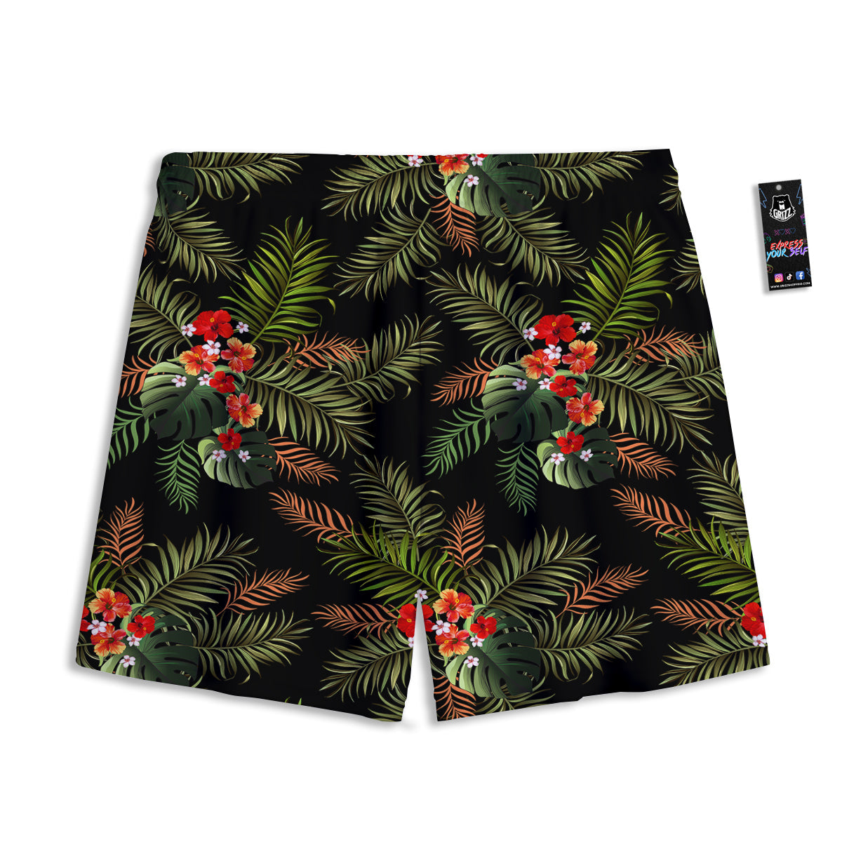 Tropical Black Hawaii Print Pattern Mesh Shorts