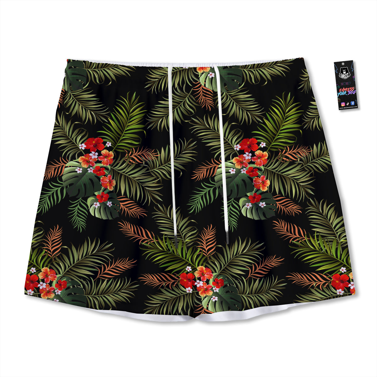Tropical Black Hawaii Print Pattern Mesh Shorts