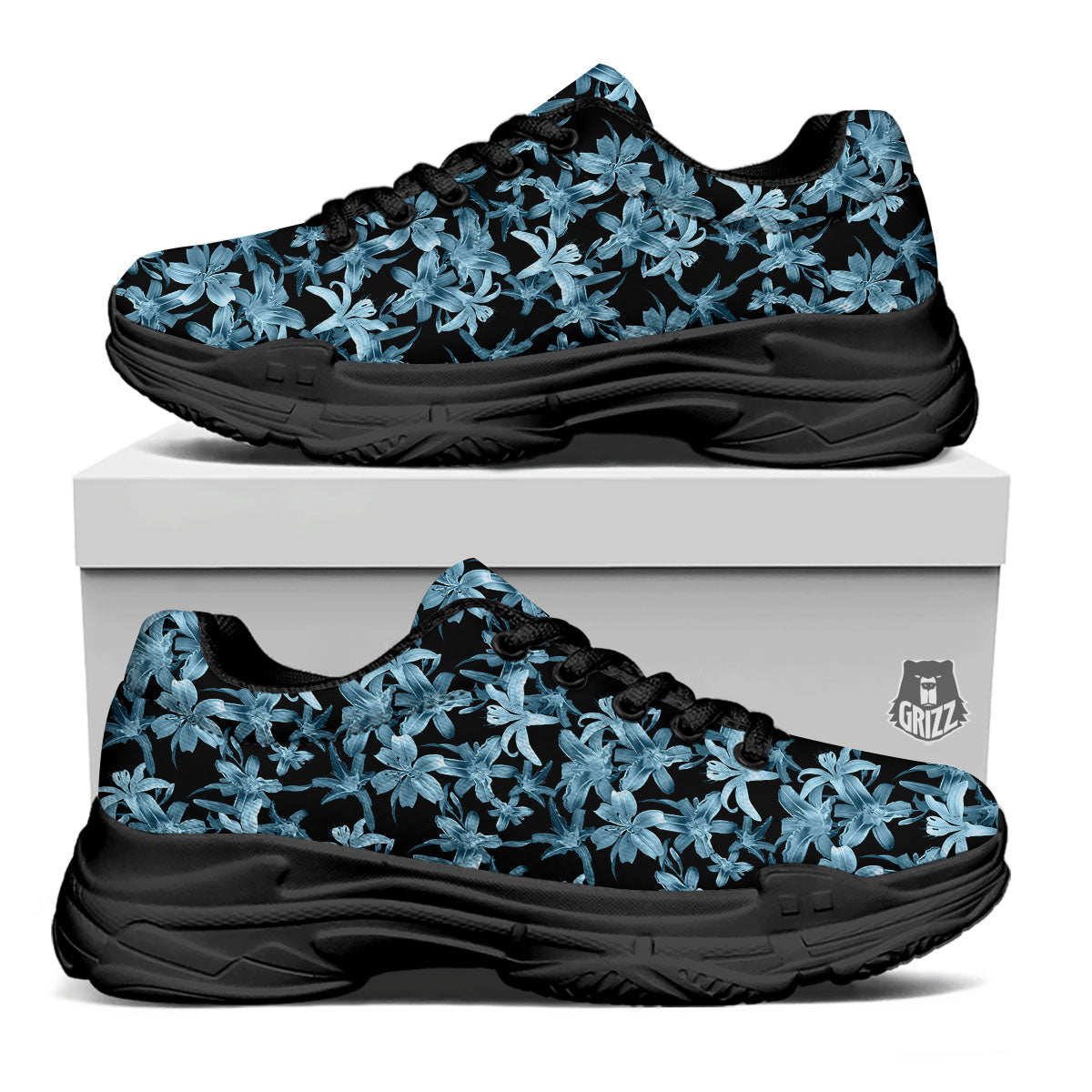 Tropical Blossom Blue Print Pattern Black Chunky Shoes-grizzshop