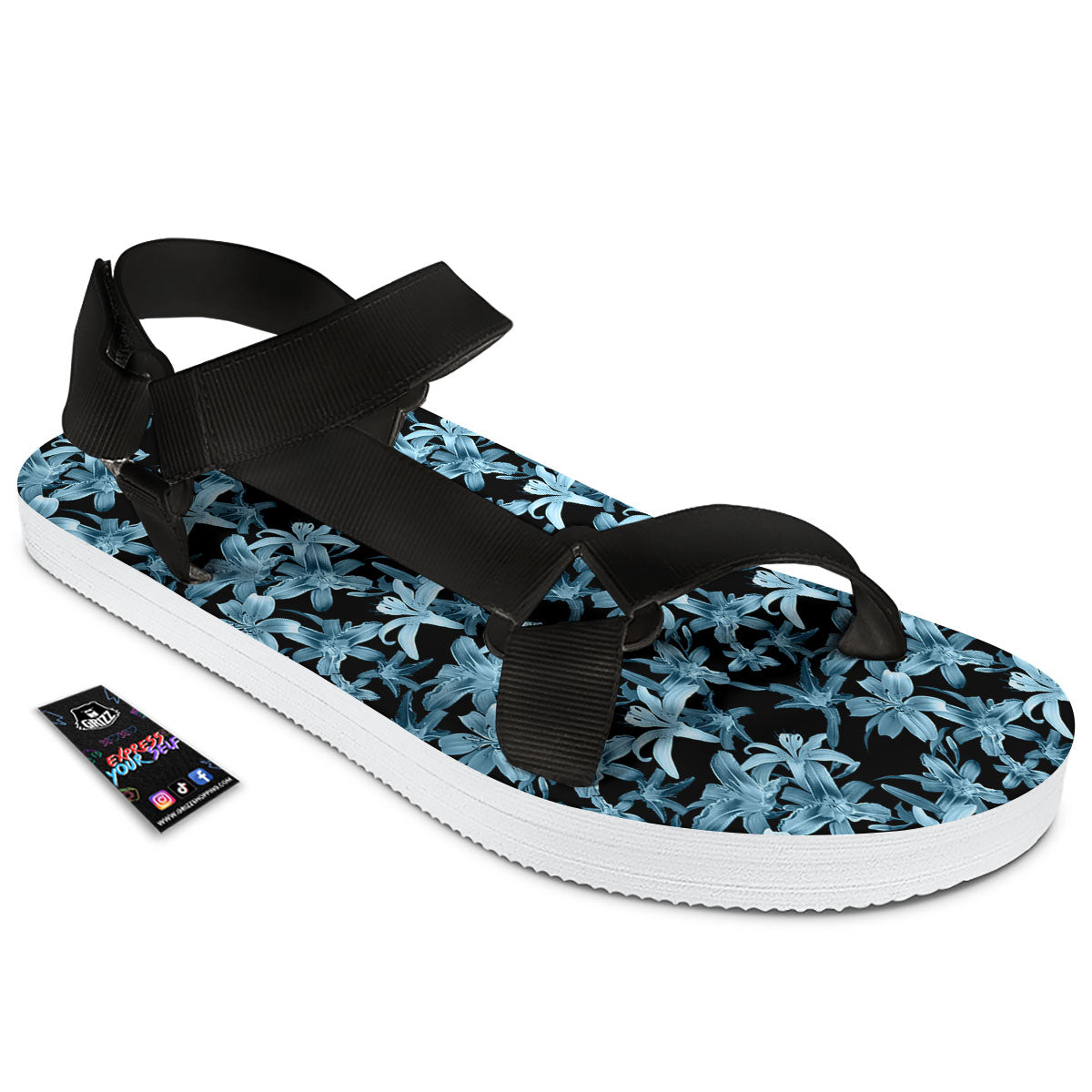 Tropical Blossom Blue Print Pattern Black Open Toe Sandals-grizzshop