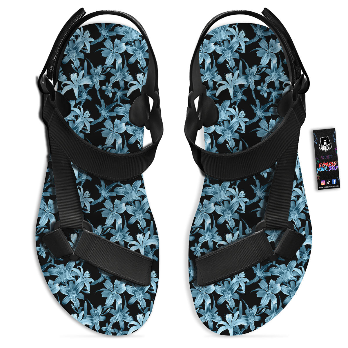 Tropical Blossom Blue Print Pattern Black Open Toe Sandals-grizzshop