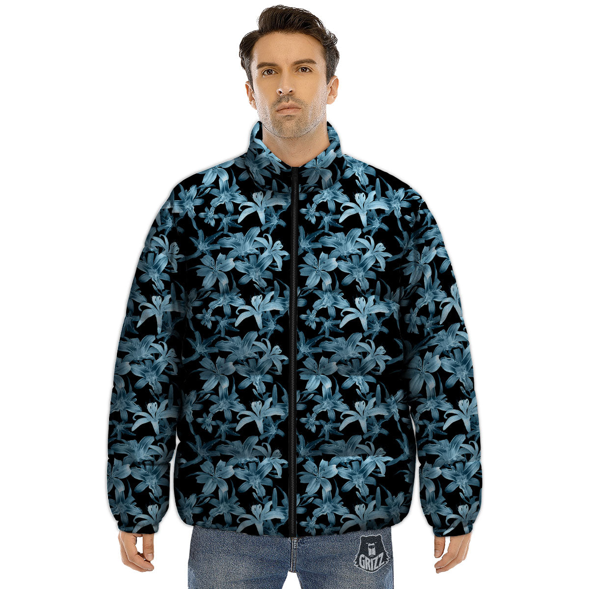Tropical Blossom Blue Print Pattern Puffer Jacket-grizzshop