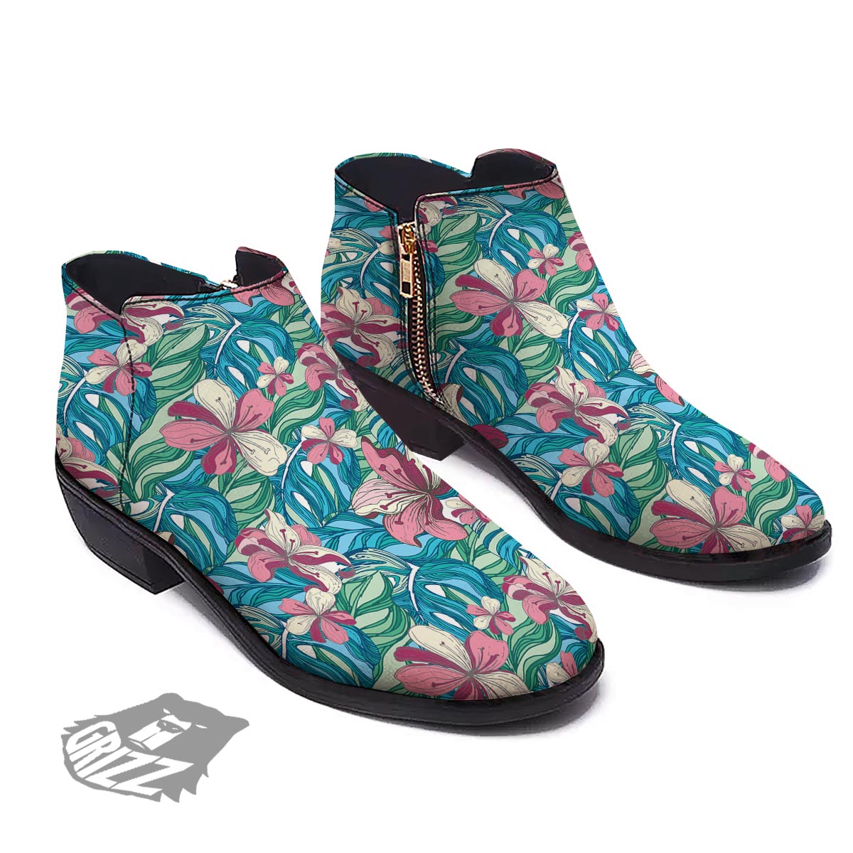 Tropical Blossom Teal Pink Print Pattern Ankle Boots-grizzshop