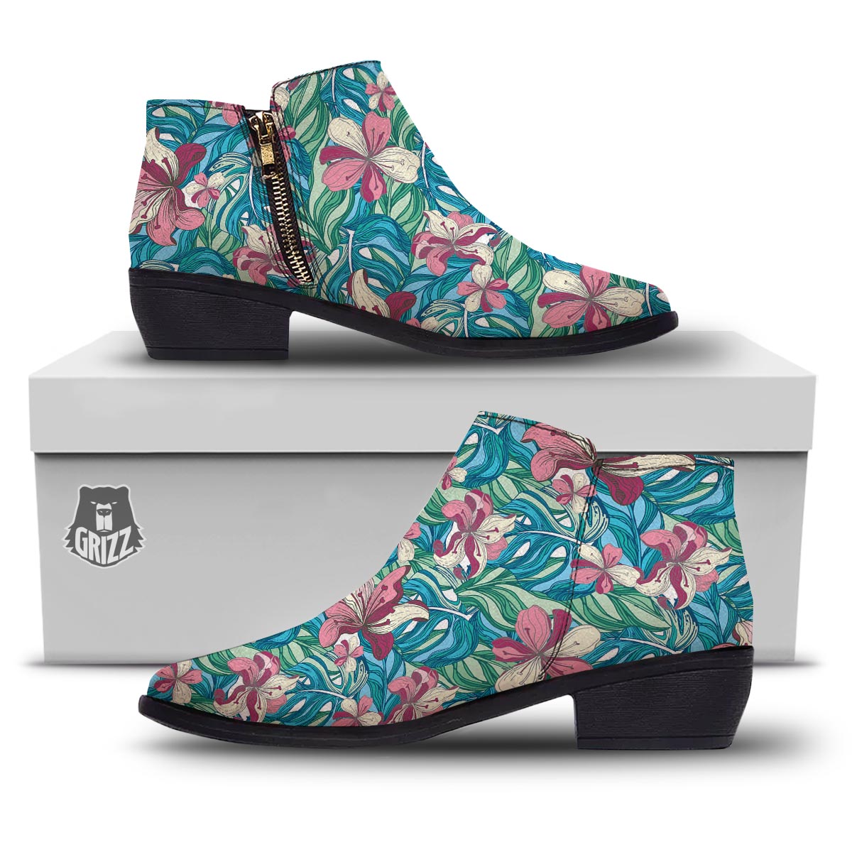 Tropical Blossom Teal Pink Print Pattern Ankle Boots-grizzshop