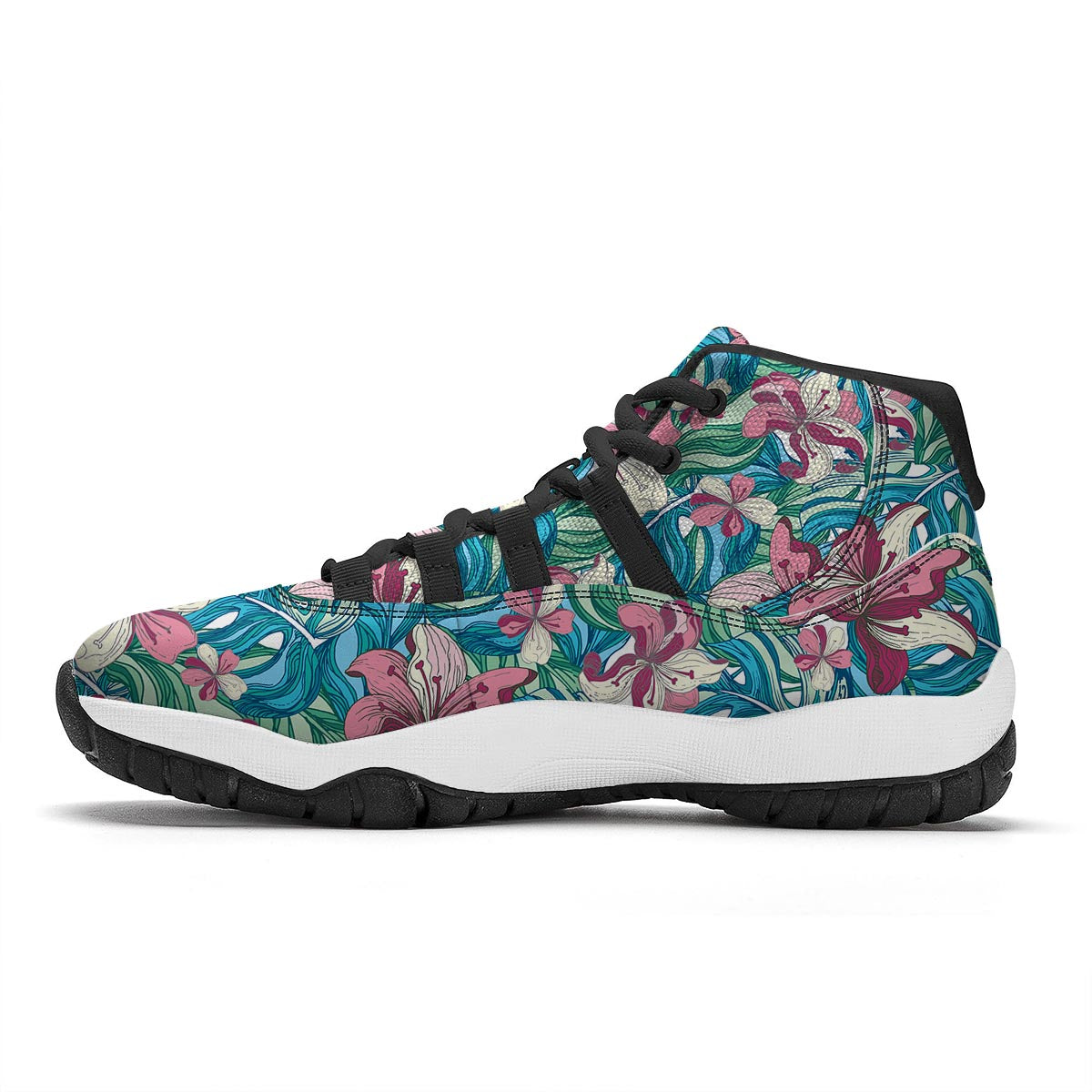 Tropical Blossom Teal Pink Print Pattern Black Bball Shoes-grizzshop