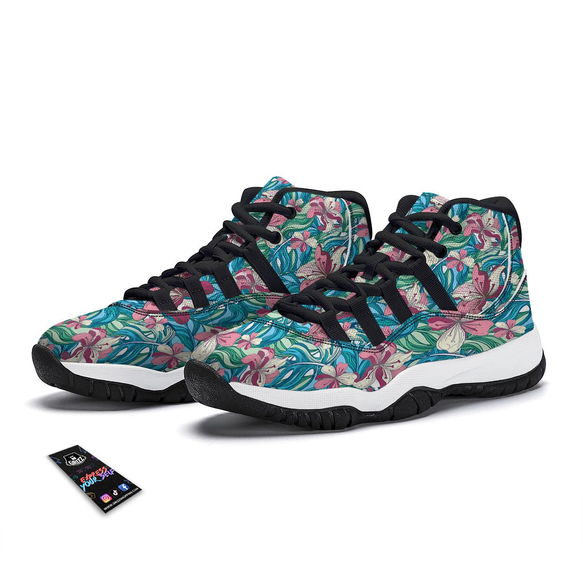 Tropical Blossom Teal Pink Print Pattern Black Bball Shoes-grizzshop