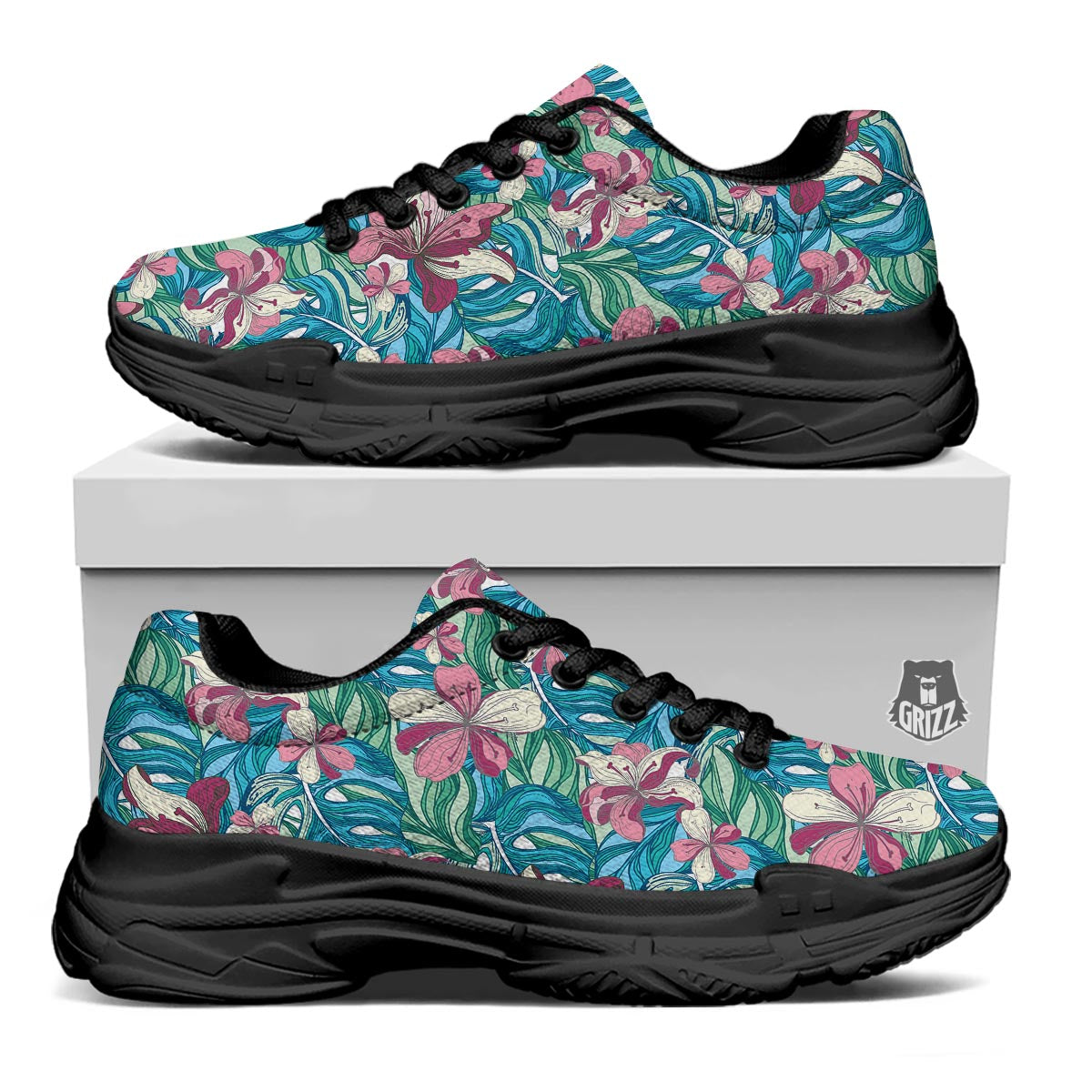 Tropical Blossom Teal Pink Print Pattern Black Chunky Shoes-grizzshop