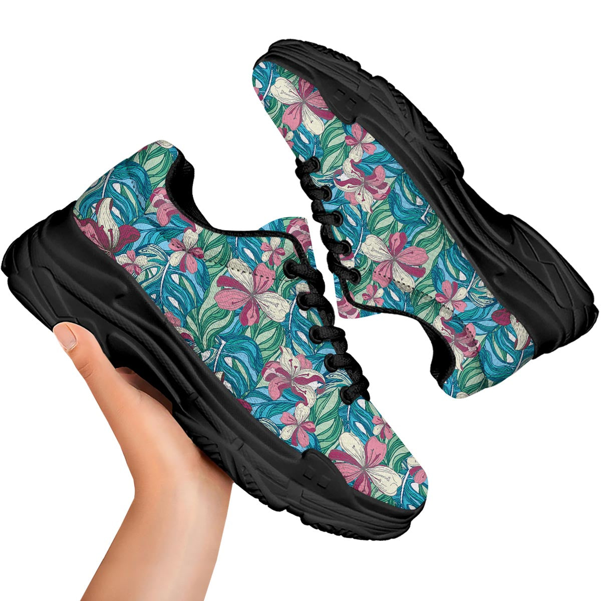 Tropical Blossom Teal Pink Print Pattern Black Chunky Shoes-grizzshop