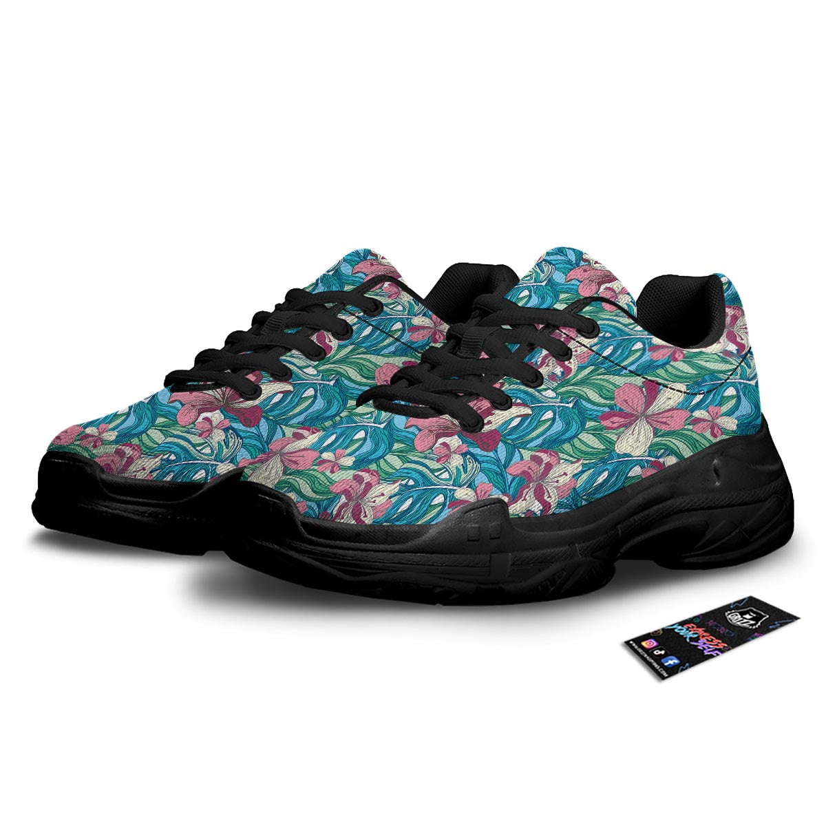 Tropical Blossom Teal Pink Print Pattern Black Chunky Shoes-grizzshop